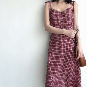 Red/White Plaid Strap Midi Dress